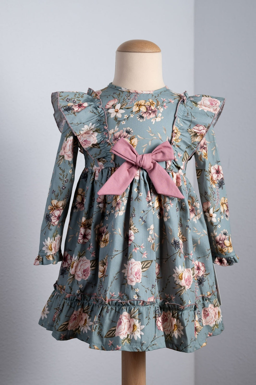 Vestido verde con lazo rosa - Baby Ferr