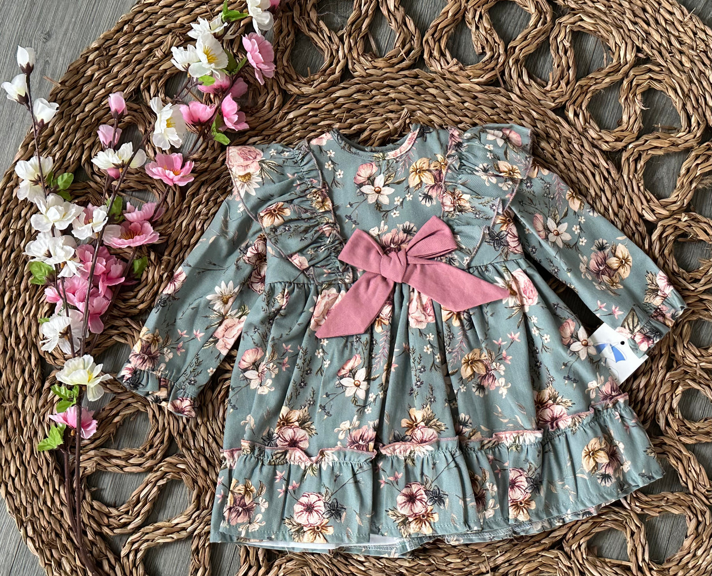 Vestido verde con lazo rosa - Baby Ferr