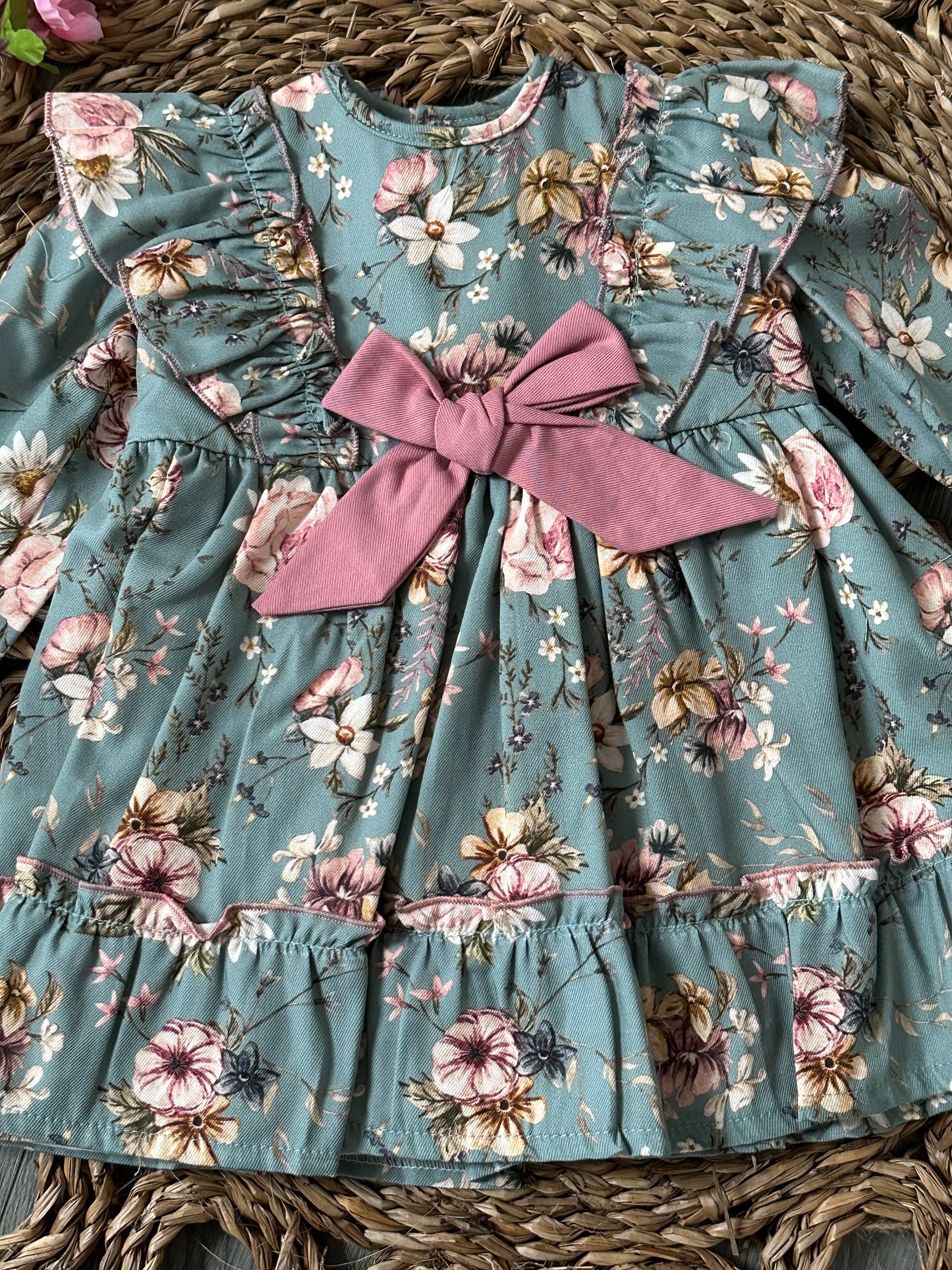 Vestido verde con lazo rosa - Baby Ferr