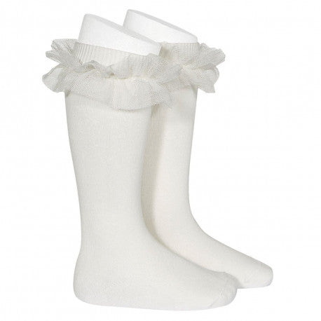 Tulle ruffle knee high socks creme
