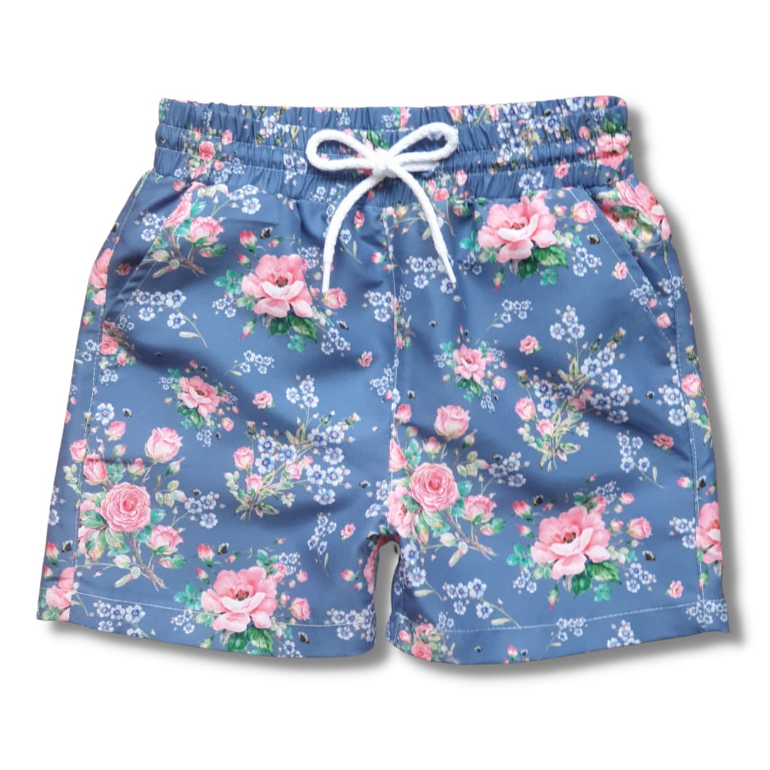 Blauwe zwembroek met rozen