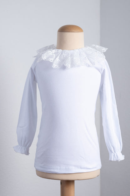 Wit jersey shirt met grote kraag van kant