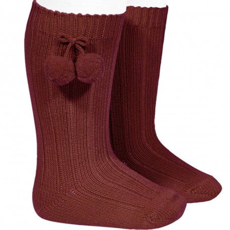 high socks with pompoms dark red - Condor