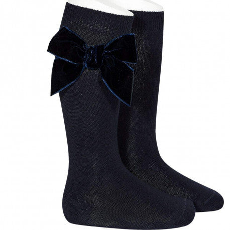 High socks with velvet bow  Marine blauw