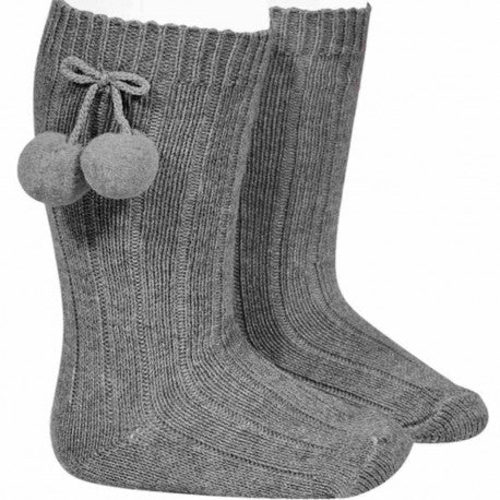 Hoge sokken met pompoms lichtgrijs