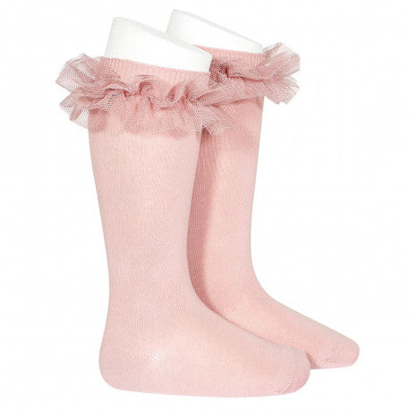 Tulle Ruffle knee high socks roze
