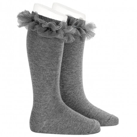 Tulle Ruffle knee high socks Light gray - Condor
